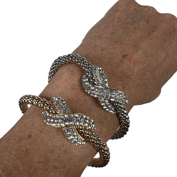 New Set of 2 Skyline Collection Rhinestone and Bow Bracelets Silver Gold Tone - Picture 2 of 5